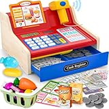 maysida Kinderkasse Holz-Registrierkasse mit Scanner & Sound für Kinder 3-5 Jahre, Spielzeug Kasse mit Scanner/Spielgeld/Münzen/EC-Karte/Einkaufskorb/Zubehör, kaufladen zubehör Idee (Rot+Blau)