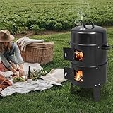 3-in-1 Multifunktionaler Räuchergrill, Tischräucherofen mit Edelstahl-Grillrost & Emaille-Holzkohlewannen, Räucherofen Abnehmbare Design & Thermometergesteuert, für Camping & Picknicks 40X84cm
