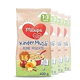 Milupa Kindermüsli Feine Früchte – Getreide Frühstück Müsli von 1 bis 3 Jahre, Ohne Zuckerzusatz, Babynahrung, 4 x 400g