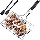 Grillkorb Fischbräter, Fisch-Grillkorb, Edelstahl Barbecue Grillschale, Faltbar, Tragbar, Rostfreie Zubehör Körbe zum Grillen, Grillkorb für Fisch und Gemüse, mit Oxford-Tasche & 2 Silikonbürste