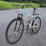 Esyogen 26 Zoll Mountainbike 21-Gang MTB Fahrräder Klappfahrrad Mountainbike für Erwachsene und Jugendliche Fahrrad, Mechanische Scheibenbremsen Vorne Und Hinten(Blau+Weiß)