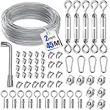 45M 71pcs Drahtseil für Kletterpflanzen - Langlebiges Stahlseil-Set mit Seilspanner, Drahtseilklemme, Stahlseil ummantelt für Rankhilfe und Beleuchtung, Ideal als Wäscheleine und für DIY-Projekte