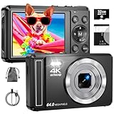 4K 64MP Digitalkamera mit 32 GB TF-Karte, Autofokus Fotoapparat mit 16X Digitalzoom Tragbar Kompaktkamera mit 1200mAh Batterie, USB-Kabel, für Kinder Teenager Erwachsene Anfänger