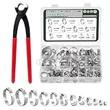 Knpwer 150 Stück 304 Edelstahl Einzelohr Stufenlos Schlauchschellen Set,6-33.1mm 12 Größen Crimp Schlauchschellen Sortiment Kit,Ohr Cinch Ringe Crimp Pinch Fitting Tools