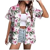 Hawaii Hemd Damen Kurzarm Hawaiihemd Sommer Strandshirt Funky Hawaiibluse Fronttasche Party Hemden Hawaii Outfit Damen Casual Hemdbluse Shirt Tops Beach Urlaub Bluse