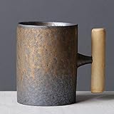 THUMBGEEK Japanischer Vintage-Kaffeebecher mit Holzgriff, Keramik, Wasserbecher für Zuhause und Büro (grau-A)