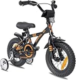 PROMETHEUS BICYCLES Kinderfahrrad ab 3 Jahren - 12 Zoll Kinder Fahrrad Mädchen Jungen Fahrrad Kinder mit Stützräder Rücktrittbremse in Schwarz Matt Orange