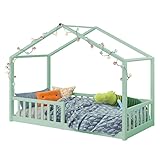 Hochbett Kinder mit Rutsche, Spielzeugregal & Leiter, Abenteuer-Bett aus Holz, platzsparendes Etagenbett für Jungen & Mädchen im Kinderzimmer (Mintgrün, 90 * 200 cm)