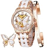 OLEVS Damen Rose Gold Automatikuhr Skelett Mechanisch Selbstaufzug Damen Elegant Luxus Kleid Schmetterling Diamant Weiß Keramik Armband Uhr Geschenk