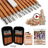 HOLZWURM Holz-Schnitzwerkzeug Set 12-tlg, inkl. Tasche, Video-Anleitung, E-Book & Abziehstein, ideales Schnitzmesser-Set für Anfänger und Profis