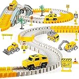 Kizplays 260pcs Autorennbahn Rennbahn 6 Cars Bagger Spielzeug ab Spielzeugautos Autobahn ab 3 4 5 6 Jahre Junge Mädchen,Flexible Track Kran Spiele, Elektroauto Cars Autorennbahn für Kinder Geschenk