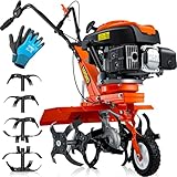 MASKO® Benzin Gartenfräse MK-909 Motorhacke 3 kW (4,1PS) 173ccm | Ackerfräse mit 36-60cm Arbeitsbreite 4 Takt Motor 24 Harte Messer Bodenfräse Gartenhacke Kultivator Bodenhacke mit Handschuhe Orange