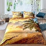 Loussiesd Ozean Bettbezug Set Hawaii Strand Thema Bettwäsche Set 155x220cm für Jungen Erwachsene Meer Sonnenuntergang Palme Natur Betten Set Sommerurlaub Schlafzimmer 2St