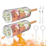 2 Stück Rollen BBQ Grillkorb mit Holzgriff,große Kapazität(2,3 l und 1,8 l),tragbares Edelstahl-Grillzubehör zum Kochen von Fleisch,Fisch und Gemüse im Freien oder beim Camping,perfekte BBQ-Geschenke