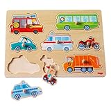 HABA 301940 - Greifpuzzle Fahrzeug-Welt , Holzspielzeug ab 12 Monaten , 8-teiliges Puzzle aus Holz mit bunten Fahrzeugmotiven , Mit großen Knöpfen zum Greifen