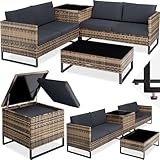 tectake® Poly Rattan Lounge Sitzgruppe, Gartenmöbel Set mit Sofa, Tisch mit Glasplatte, Auflagenbox, Outdoor Kissen wetterfest, Möbel für Garten, Balkon, Terrasse oder Wintergarten - Natur