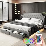 Bett 180x200 mit LED und Kopfteil, Polsterbett 180x200 cm mit 2 Schubladen, Doppelbett mit Stauraum und Lattenrost, Stauraumbett Jugendbett Rückenlehne Bettgestell für Erwachsene & Jugendliche, Leinen