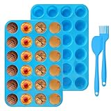 AUTOWNLUX Mini Muffins Backform, 2 Stück Mini 24 Tassen Muffinform Silikon mit Silikonspachtel und Ölbürste, BPA Frei, Antihaft Muffin Silikonförmchen für Herstellung von Muffin-Kuchen (Blau)