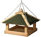 dobar® 44256e Klassisches Vogelfutterhaus - Vogelhaus Massivholz - Futterstation mit Bitumendach - Vogelvilla mit Kette zum Hängen - Futterhaus für Garten/Terrasse/Balkon - 39 x 39 x 30 cm - Grün