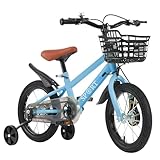 Willonin 12/14 Zoll Kinderfahrrad mit Korb & Stützrädern für Mädchen & Jungen von 2-5 Jahren, höhenverstellbar, aus Karbonstahl, 35,6 cm (14 Zoll) – Blau