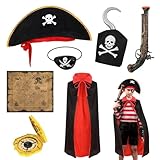 Yamitora 7-teiliges Piratenkostüm Kinder, Captain Pirate Kostüm Zubehör Set Cosply Kostüm Party Zubehör Kinder für Karneval,Halloween,Piraten Party Kostüm Prop