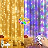 Lichterkette Vorhang Innen Dimmbar Warmweiß/Bunt, Lichtervorhang 3x3m 300 LED Vorhang mit 8 Lichtmodelle,IP65 Wasserdicht USB mit Fernbedienung für Party Weihnachten