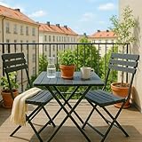 Onbest Balkontisch Set für 2 Personen – 3 teilig – Tisch mit 2 Stühlen – Klapptisch aus robustem Kunststoff in Holz Optik– klappbar – wetterfest – für Balkon, Garten & Terrasse
