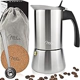 Milu Espressokocher Induktion geeignet | 2, 4, 6, 9 Tassen | Edelstahl Mokkakanne, Espressokanne, Espresso Maker Set inkl. Untersetzer, Löffel, Bürste (6 Tassen 300ml)