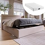 Gelukueub Stauraumbett Polsterbett Hydraulisch Doppelbett, Inklusive Matratze, Lattenrost aus Holz, Bett mit Lattenrost aus Metallrahmen, Leinen (Beige, 160x200cm)