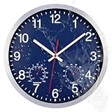 ACCSHINE Outdoor Wasserdicht Wanduhr Mit Thermometer und Hygrometer Anzeige Wanduhr Ohne TickgeräUsche Lautlos 30cm Quarz Batterie Betriebene Groß Deko Garten Wand Uhr (Blau)