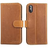 LENSUN Echtleder Hülle für iPhone XS, iPhone X Handyhülle [Echtes Leder][Magnetverschluss][RFID Schutz] Handytasche Lederhülle Klapphülle für iPhone X/XS - Vintage Braun