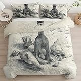 Bettwäsche 135x200 cm Bleistift Skizze Muschel Streunende Flasche, Weiche Bügelfreie Cozy Mikrofaser Wendebettwäsche Set 3tlg, Hellgrau Schlafzimmer Deko, 2 Kissenbezug 80x80 cm - mit Reißverschluss