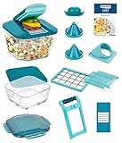 Nicer Dicer Chef Professional Gemüseschneider Gemüsehobel manuell 18-tlg, 5.2L Behälter extra Glassschüssel Deckel, Spiralschneider Pommesschneider Küchenhelfer mit Rezept