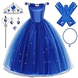 YOSICIL Prinzessin Cinderella Aschenputtel Kostüm Kleid Verkleidung mit Krone Handschuhe Verkleidung Mädchen Kleid Dress Up Cosplay Fancy Party Outfit für Mädchen,blau,140