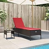 Qnhdfrt Sonnenliege Braun Poly Rattan 198 x 55 cm 5-Fach verstellbare Rückenlehne mit Beistelltisch und rotem Kissen für Garten Balkon und Terrasse
