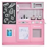 DREAMADE Kinderküche Holz mit Zubehör, Kinderspielküche Holzküche mit Herd Geschirrspüler Eismaschine Kühlschrank mit Tafel, Spielküche für Jungen und Mädchen ab 3 Jahren (Rosa)