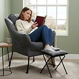 Roadoor Sessel mit Hocker, Relaxsessel mit Armlehnen, Seitentasche und Fußstütze, Bequemer Loungesessel und Fernsehsessel, Ergonomischer Ohrensessel für Wohnzimmer (Grau)