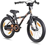 PROMETHEUS BICYCLES Kinderfahrrad 18 Zoll Jungen ab 6 Jahre - Kinder Fahrrad 18 Zoll Junge Mädchen Fahrrad Kinder mit Rücktrittbremse Fahrradständer in Schwarz Matt Orange