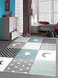 Teppich-Traum Kinderzimmer Teppich Spiel & Baby Teppich Punkte Sterne Mond Design in Blau Türkis Grau Creme Größe 80x150 cm