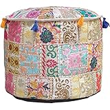 Aakriti Indian Pouf Fußhocker mit Stickerei Pouf, indische Baumwolle, Pouffe osmanischen Pouf Cover mit ethnischem Dekor Kunst - Cover (Beige, 46x33 cms)