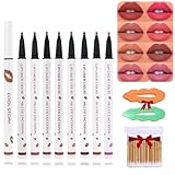 2-in-1 wasserfester Lippenstift und Lippenkonturenstift,Langanhaltender flüssiger Lipliner,natürliches Finish,antihaftbeschichteter Becher (8 Farben, Packung mit 8 Stück)