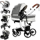 Reenborn PU-Leder Kinderwagen 3 in 1, Buggy mit Ein-Klick-Faltdesign Hohe Landschaft, Kinderwagen mit Zwei Umkehrbaren Schiebemodi, Kinderwagen 3 in 1 Komplettset Rahmen Aluminiumlegierung (518 Grey)