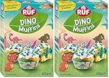 RUF Dino Muffins Komplettset Backmischung für dreifarbige Muffins mit Zuckerglasur, bunten Dino-Streuseln und Motiv-Pickern, lustiger Backspaß mit Kindern, ideal für Geburtstage, inkl. Förmchen