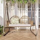 DRIXNO Gartenschaukel, Hollywoodschaukel mit Rückenlehne, Gartenmöbel-Set für den Außenbereich,Doppelschaukel aus PE-Rattan, 2 Sitze, Brauner Sitzrahmen und Beiges Kissen