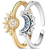 Aucuu Sonne Mond Ring Gold Silber Set, Verstellbar Matching Rings Freundschaftsringe Sonne und Mond Ring, Ringe Frauen, Sun and Moon Ring Set, Dupes Schmuck Geschenk für Damen Frauen