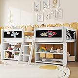 Gxffipw Bett 90x200 cm Kinderbett mit Rausfallschutz und Mehrere Ablagefläche, Hochbett Einzelbett mit Zeichentafel und Leiter, Jugendbett Holzbett Bettrahmen mit Lattenrost, Weiß, Ohne Matratze