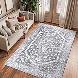 TUKDAK Vintage Teppich für Wohnzimmer 120x180cm, Graue Waschbar Küchenteppich Rutschhemmender Gummirückseite, Weich Kurzflor Schlafzimmer Faux Wool Teppich fürs Kinderzimmer Waschküche Badezimmer