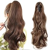 Clip in Zopf Haarteil wie Echthaar Ponytail Haarverlängerung Gewellt Günstig Pferdeschwanz Extension mit Butterfly-Klammer 18'(45cm) Hellbraun