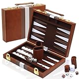 YUJUVI Backgammon Set Koffer für 2 Spieler Klassisches 11 Zoll Brettspiel mit Hochwertiger Ledertasche Tragbares und Reise Backgammon-Set (11 Zoll, Braun)