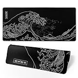 Brecoy Japanisches Gaming-Mauspad, schwarzes Mauspad, Kanagawa, großes Mauspad, rutschfeste Gummiunterseite, wasserdicht, mit genähten Kanten, für Gaming, Büro, Zuhause, 80 x 30 cm (Schwarze Welle)